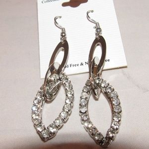 Silver Tone Hook Drop Earrings Crystal Rhinestones
